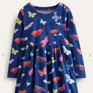 Mini Boden Long Sleeve Fun Jersey Dress College Navy Butterflies, 9-10 y